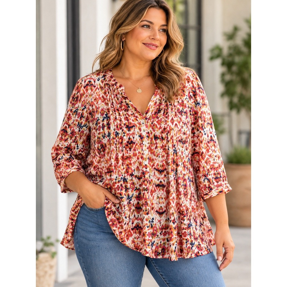 Plus Size 2X Boho Ikat Print Pleated Tunic Blouse 3/4 Sleeve Colorful